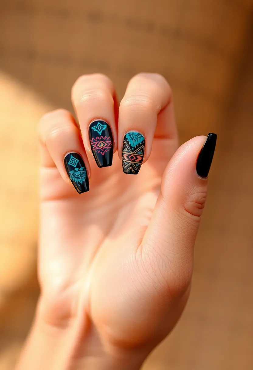 28 Bold Black Nail Ideas for Mysterious Alluring Power - 23. Black Aztec Patterns