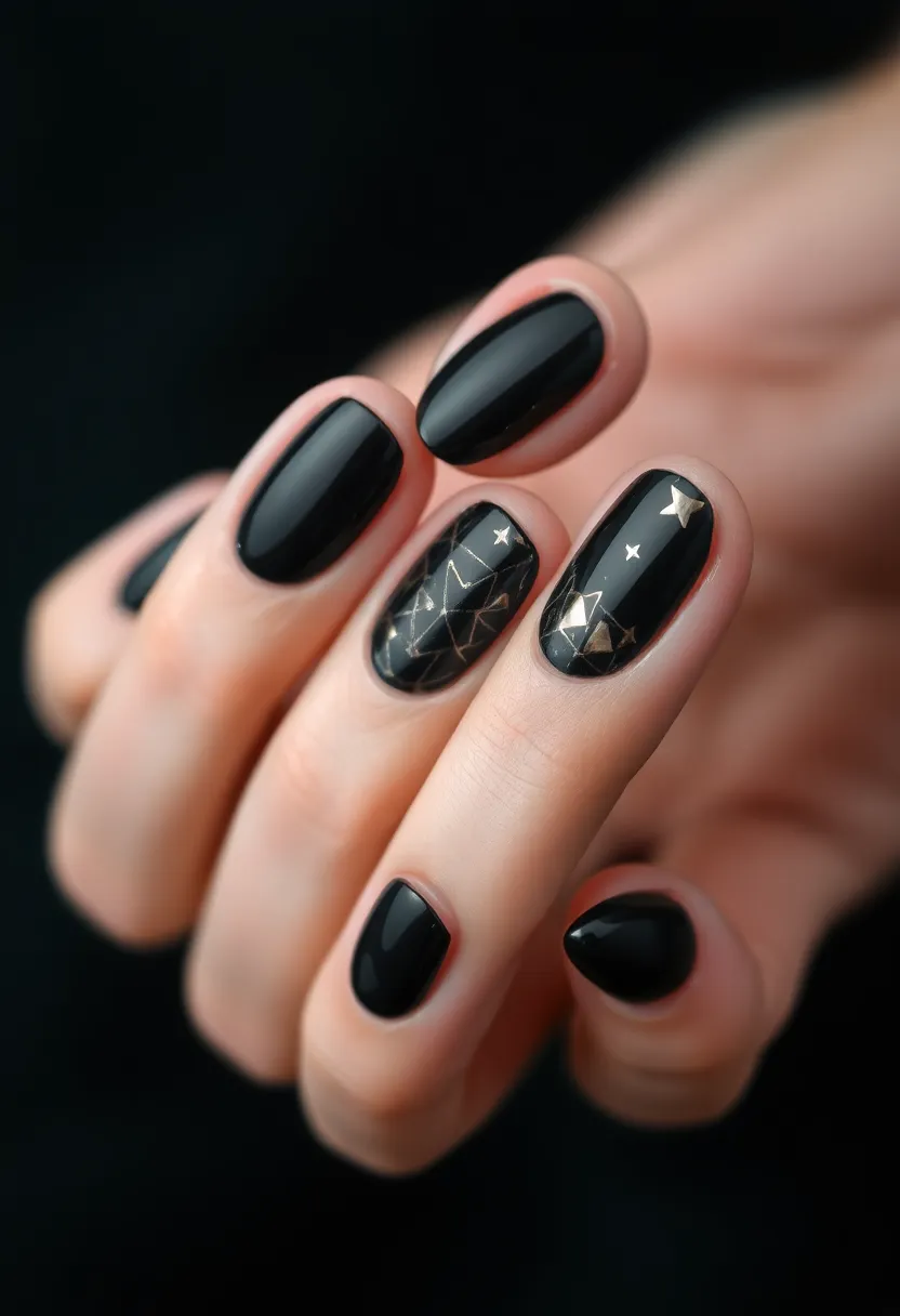 28 Bold Black Nail Ideas for Mysterious Alluring Power - 24. Black with Metallic Foil
