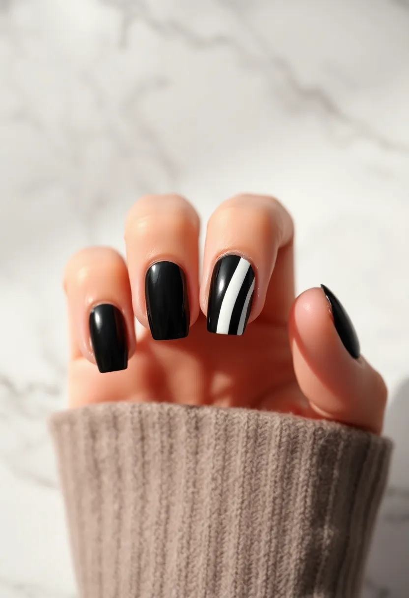 28 Bold Black Nail Ideas for Mysterious Alluring Power - 6. Bold Black and White Stripes