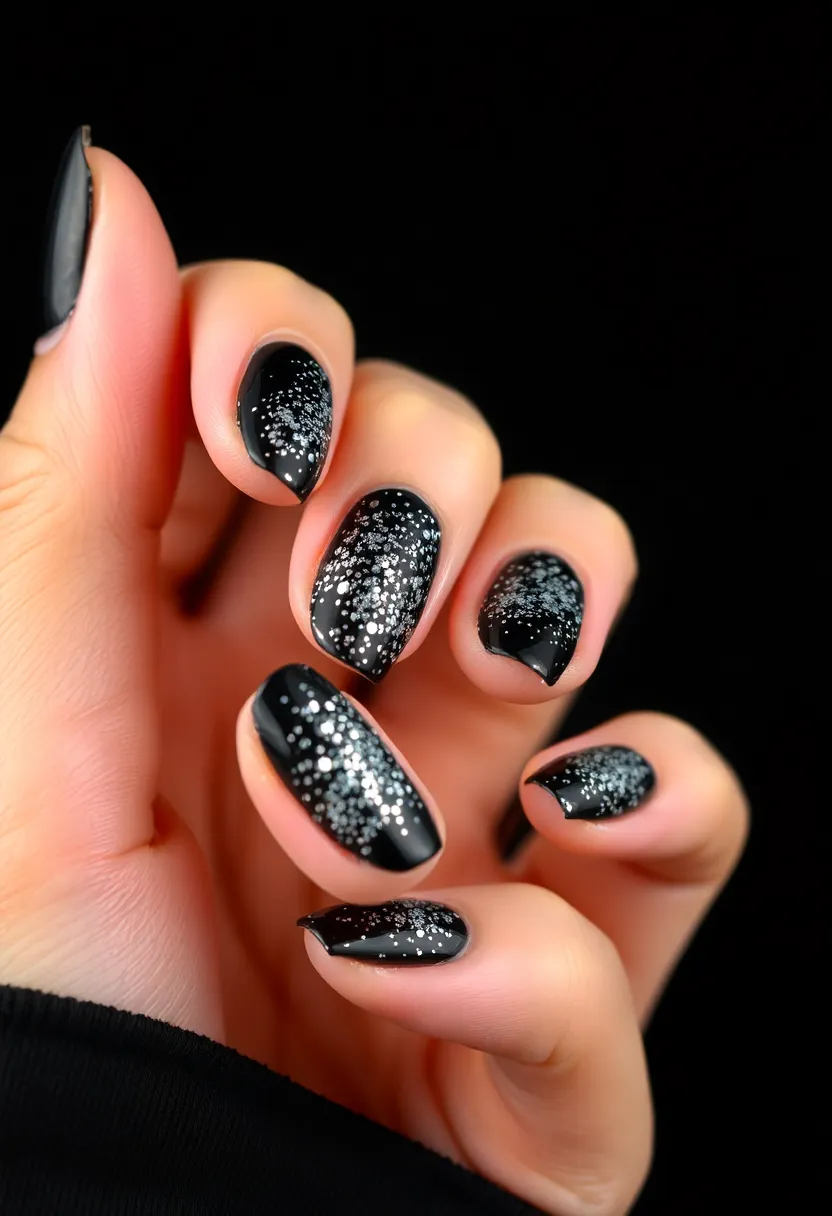 28 Bold Black Nail Ideas for Mysterious Alluring Power - 7. Black and Silver Glitter