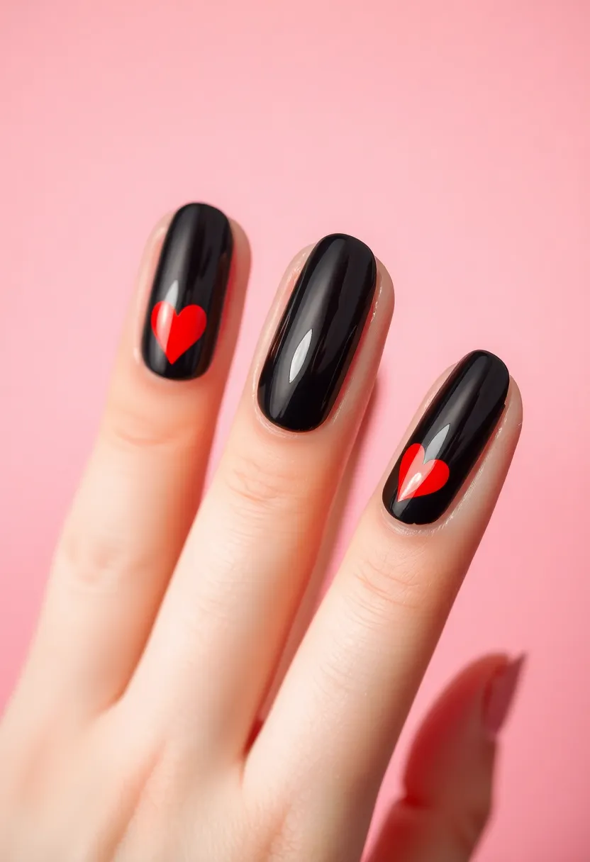 28 Bold Black Nail Ideas for Mysterious Alluring Power - 8. Black and Red Heart Accents