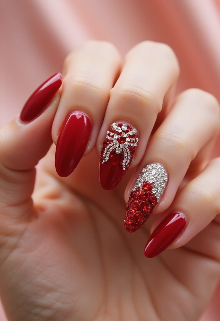 28 Bold Red Nail Ideas for Confident - 11. Red Rhinestones