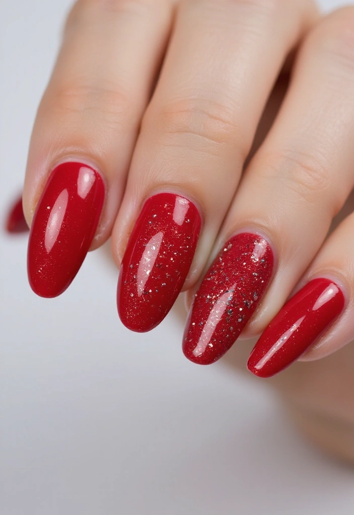 28 Bold Red Nail Ideas for Confident - 12. Red and Silver Glitter