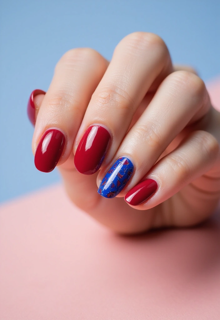 28 Bold Red Nail Ideas for Confident - 16. Red and Blue Contrast