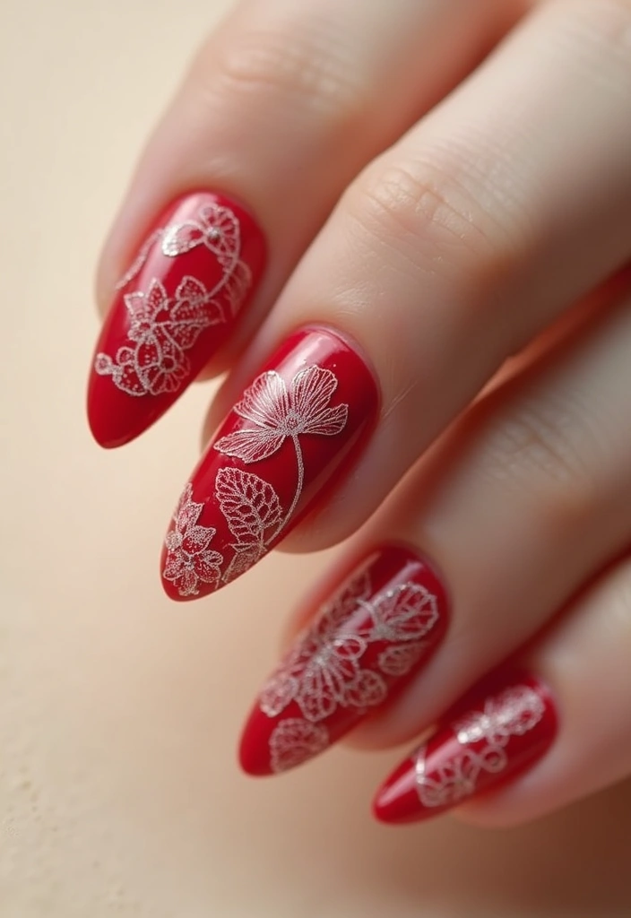 28 Bold Red Nail Ideas for Confident - 21. Red Lace Patterns