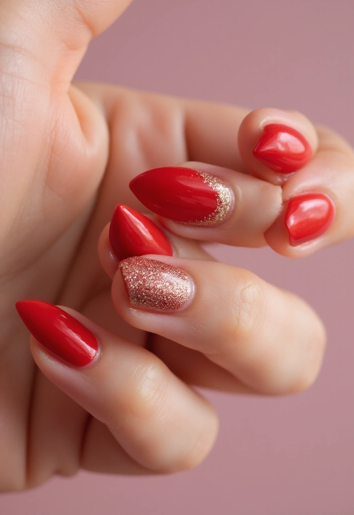 28 Bold Red Nail Ideas for Confident - 22. Red Glitter Fade