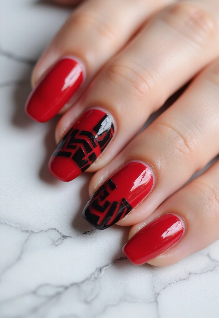 28 Bold Red Nail Ideas for Confident - 23. Red and Black Art
