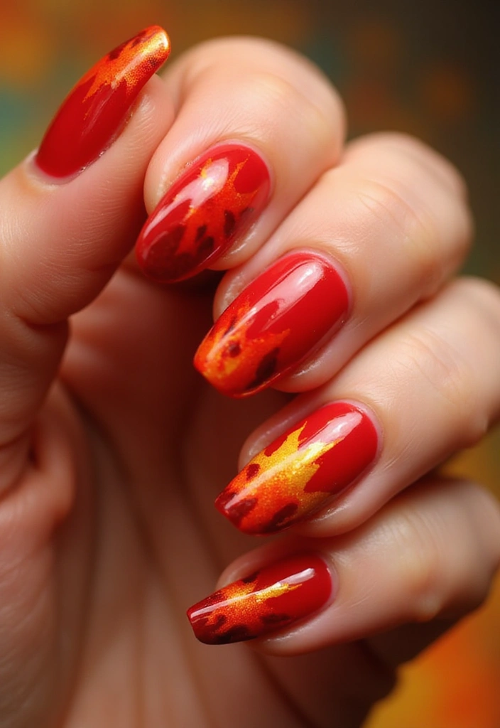 28 Bold Red Nail Ideas for Confident - 25. Fire-Inspired Nails