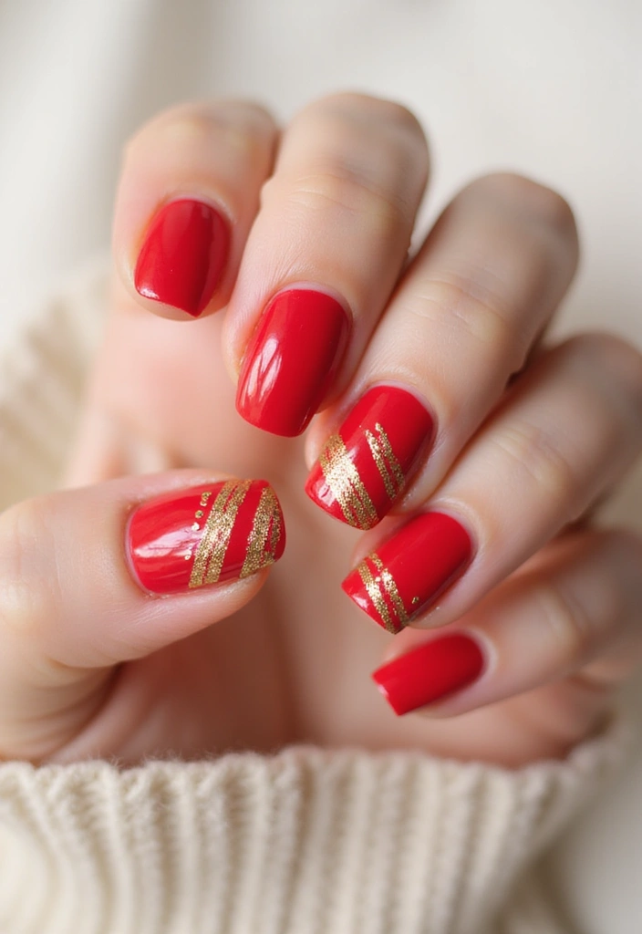 28 Bold Red Nail Ideas for Confident - 4. Red and Gold Stripes