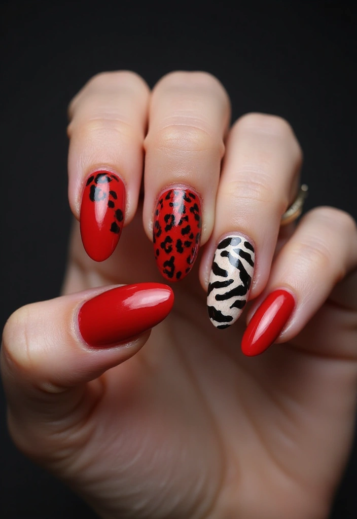 28 Bold Red Nail Ideas for Confident - 8. Red Animal Print
