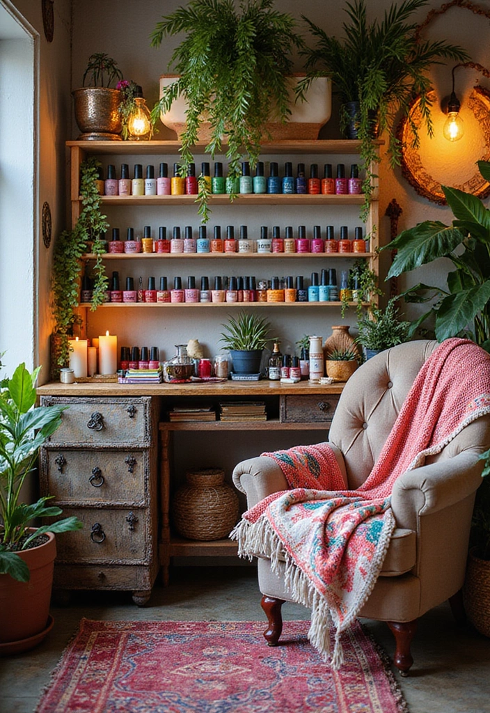 28 Cozy Home Nail Room Ideas for Personal Zen Sanctuaries - 2. Colorful Bohemian Retreat