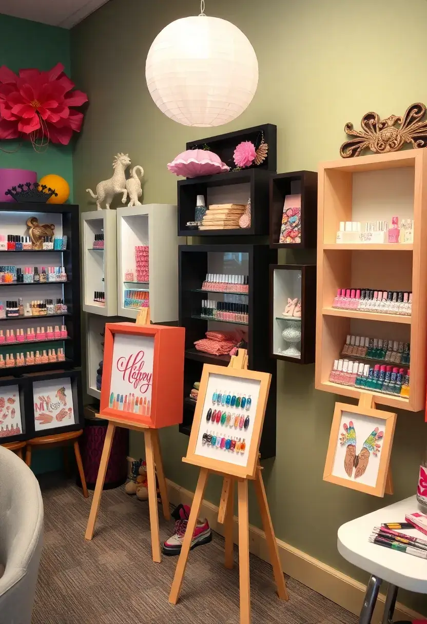 28 Cozy Home Nail Room Ideas for Personal Zen Sanctuaries - 27. Fun Nail Art Displays