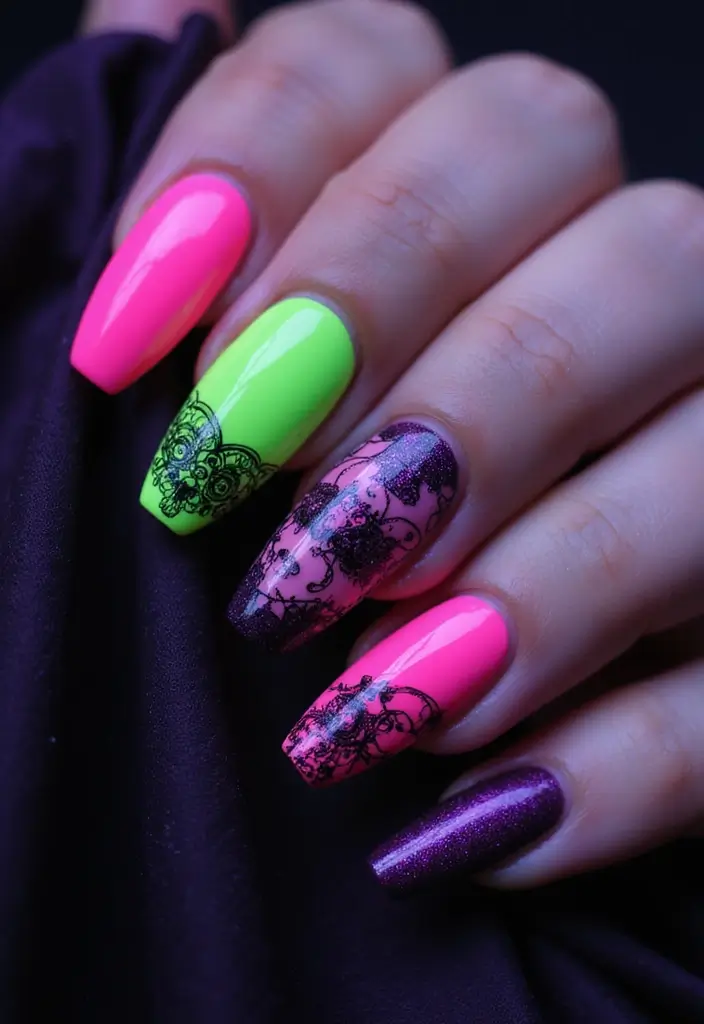 28 Dramatic Long Nail Ideas for Extended: Embracing Gothic Elegance - 25. Neon Gothic