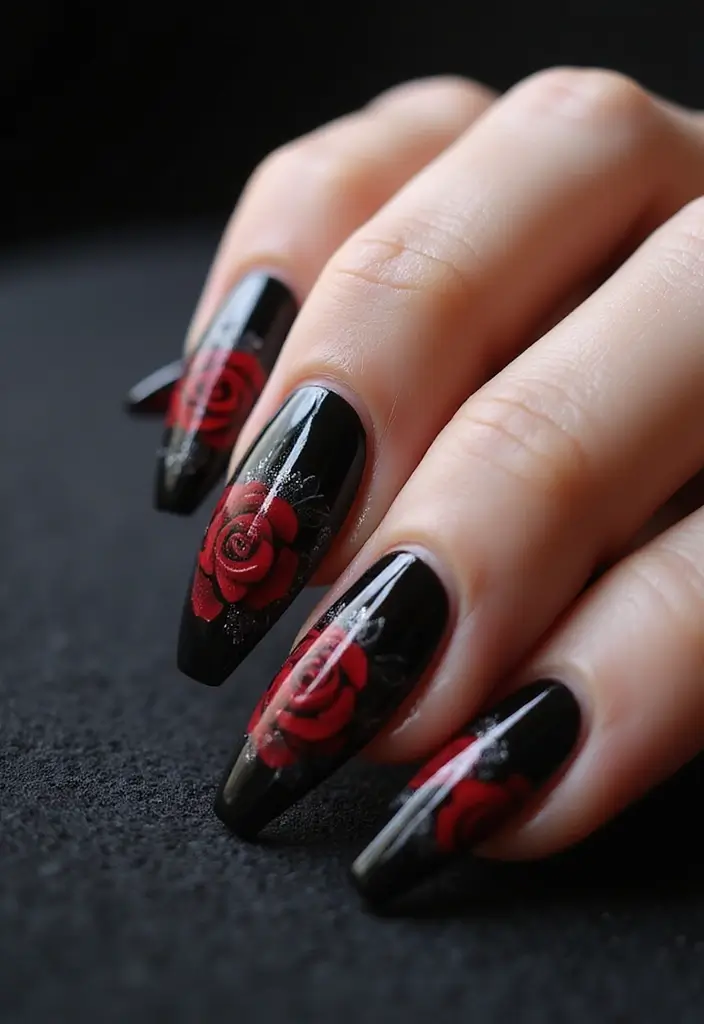 28 Dramatic Long Nail Ideas for Extended: Embracing Gothic Elegance - 3. Gothic Roses