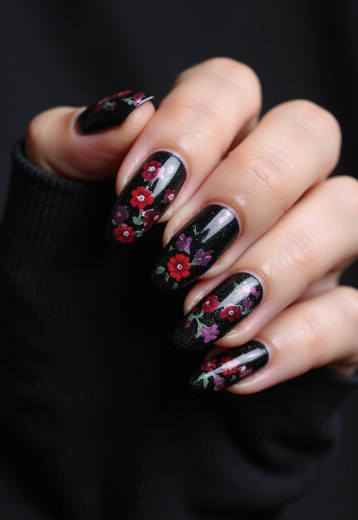 28 Dramatic Long Nail Ideas for Extended: Embracing Gothic Elegance - 7. Dark Floral Delight