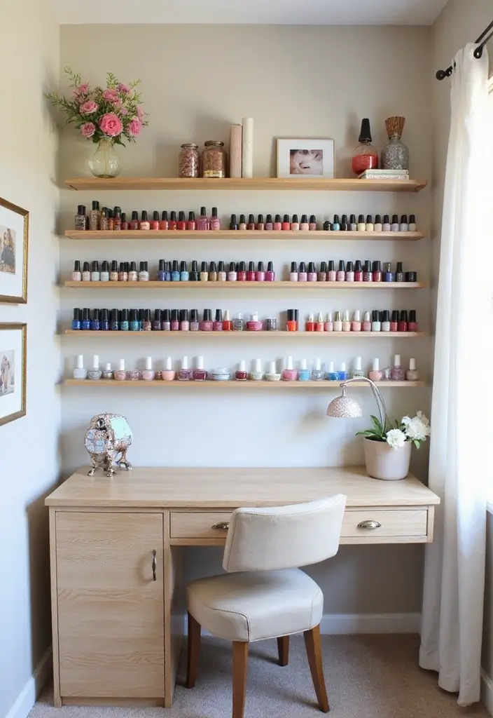 28 Dreamy Nail Room Ideas for Home - 10. Floating Shelves of Wonder
