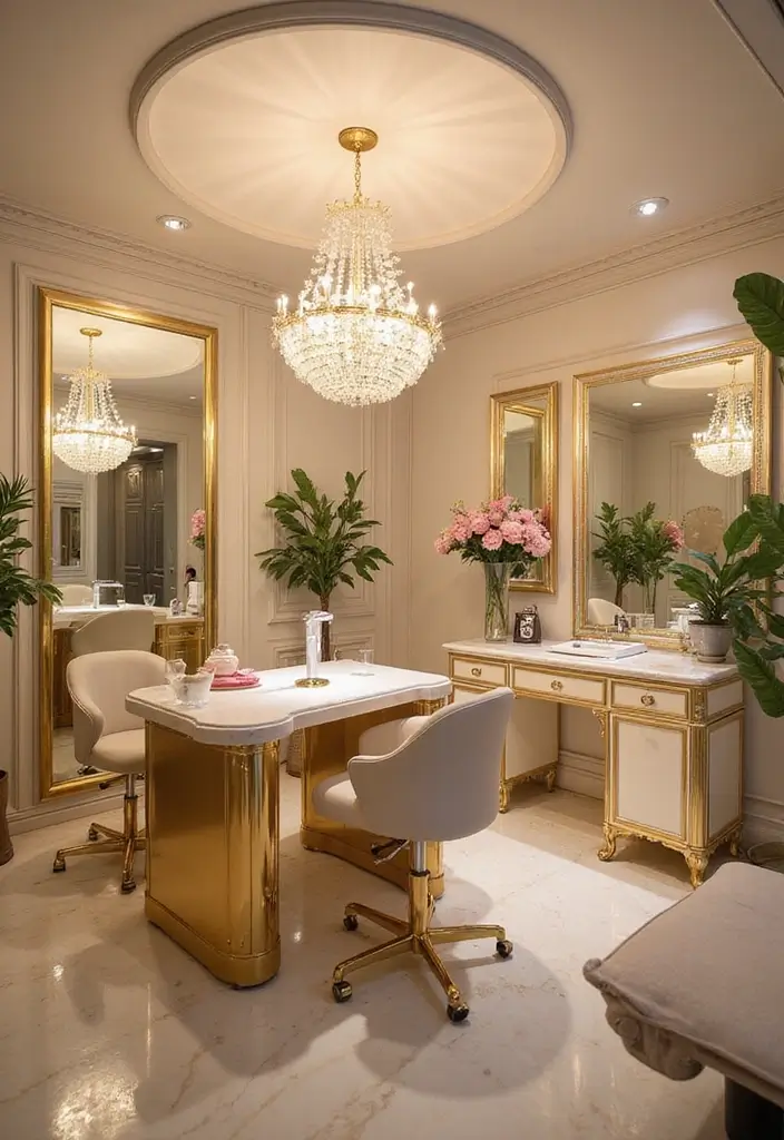 28 Dreamy Nail Room Ideas for Home - 3. Glamorous Gold Touches