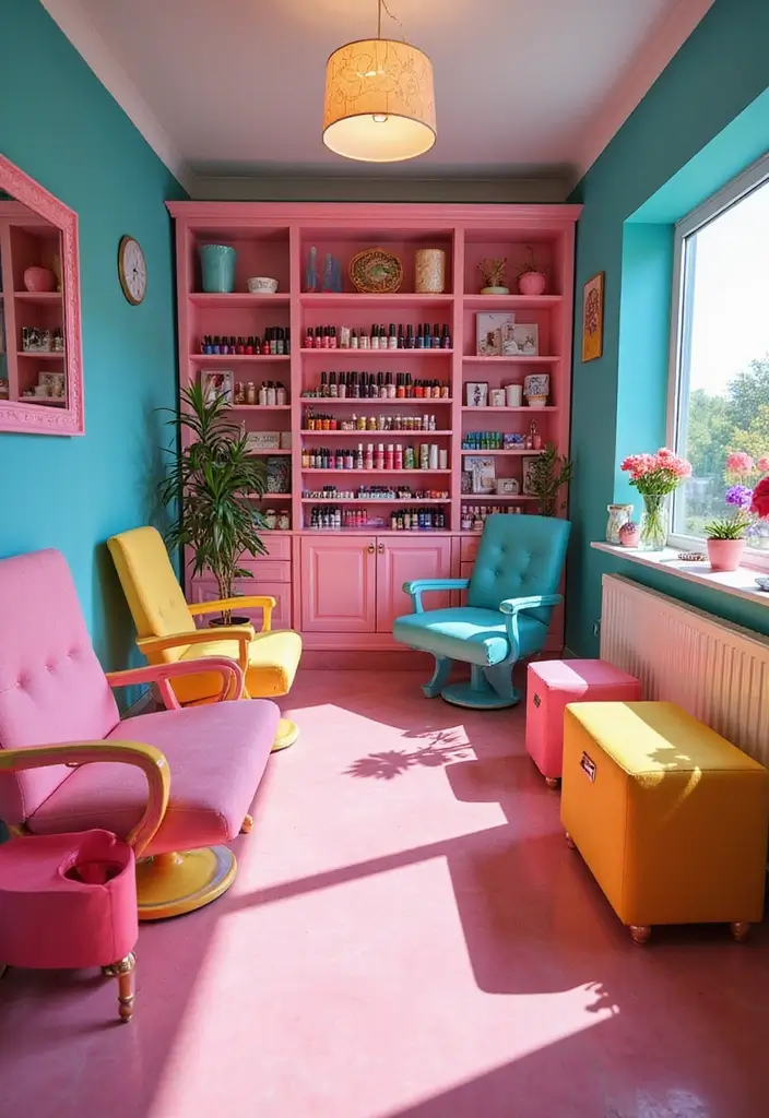28 Dreamy Nail Room Ideas for Home - 6. Bright and Bold Colors