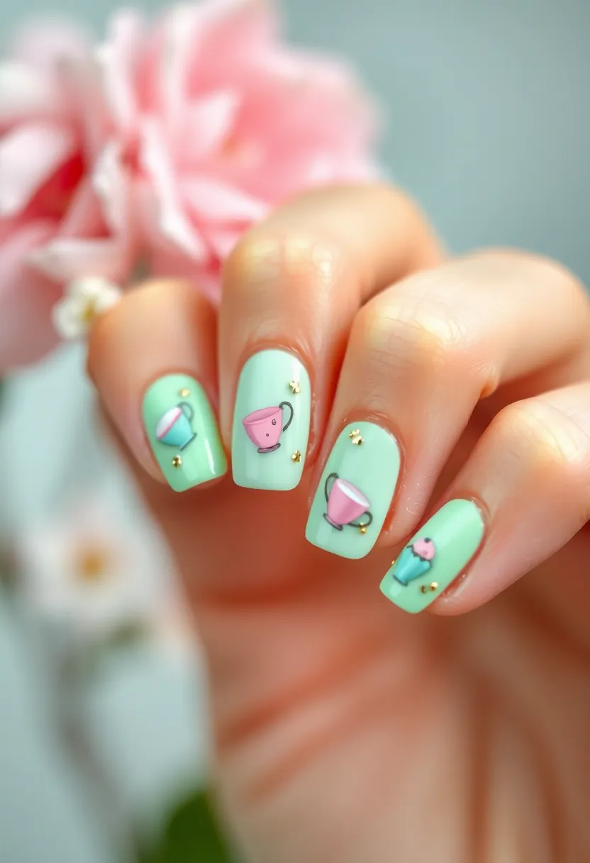 28 Fun Nail Ideas with Charms for Playful - 22. Sweet Tea Party Charms