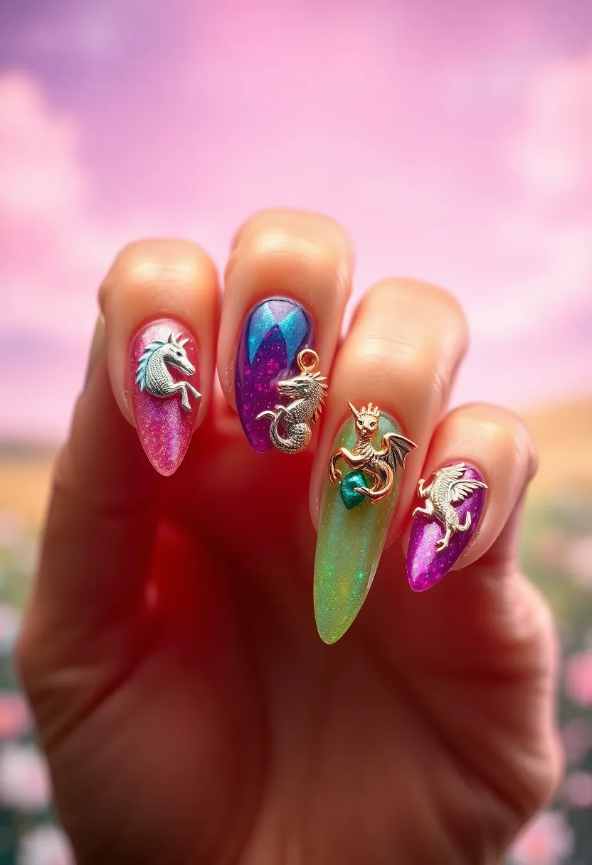 28 Fun Nail Ideas with Charms for Playful - 23. Fantasy Creature Charms