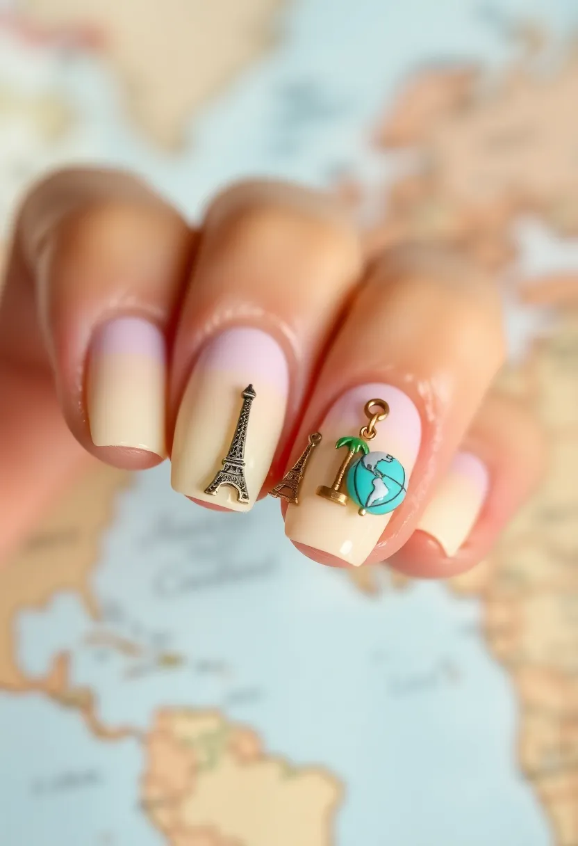 28 Fun Nail Ideas with Charms for Playful - 27. Travel Destinations Charms