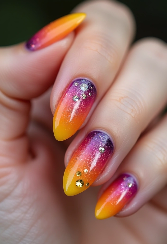 28 Gem Nail Ideas for Jeweled - 11. Stunning Sunset Nails