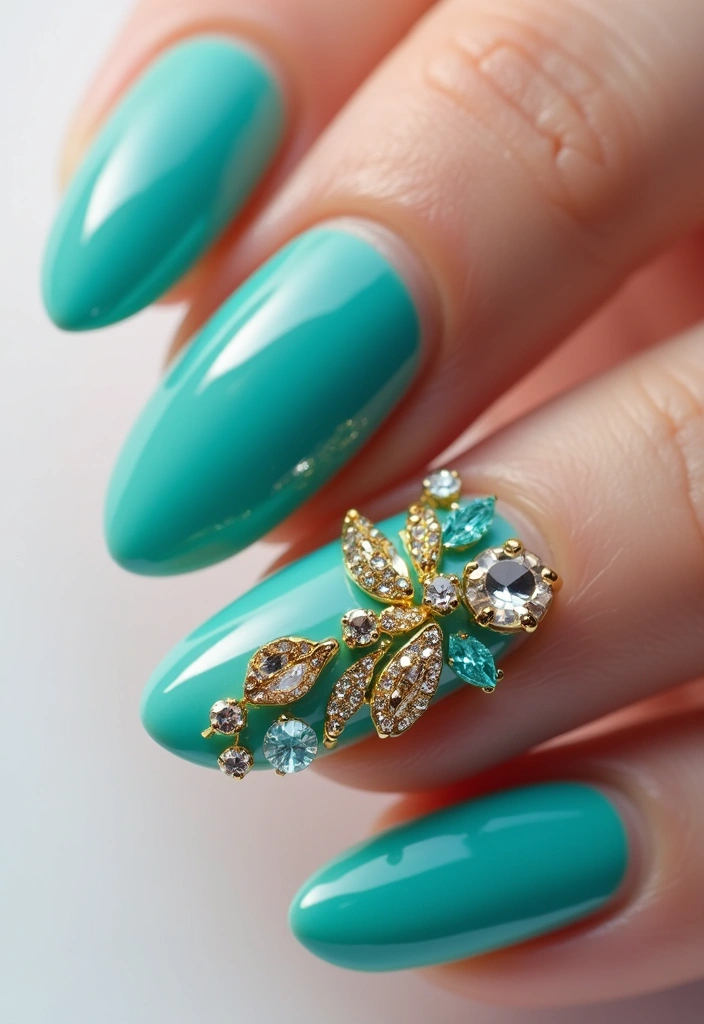 28 Gem Nail Ideas for Jeweled - 7. Turquoise Tease