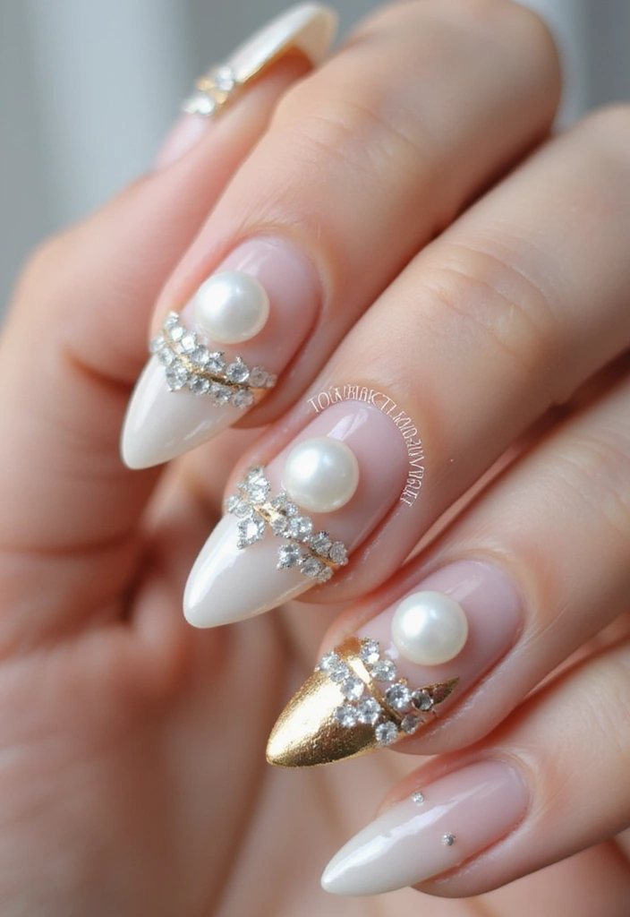 28 Lustrous Pearl Nail Ideas for Iridescent - 26. Pearl and Metallic Fusion