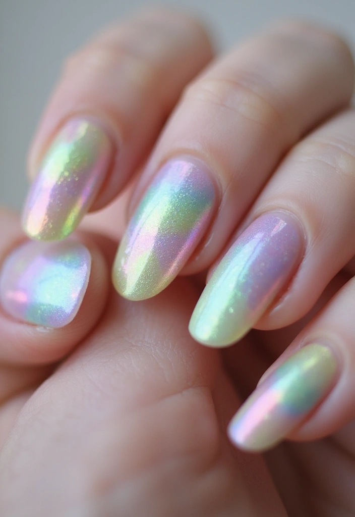 28 Lustrous Pearl Nail Ideas for Iridescent - 6. Rainbow Iridescence