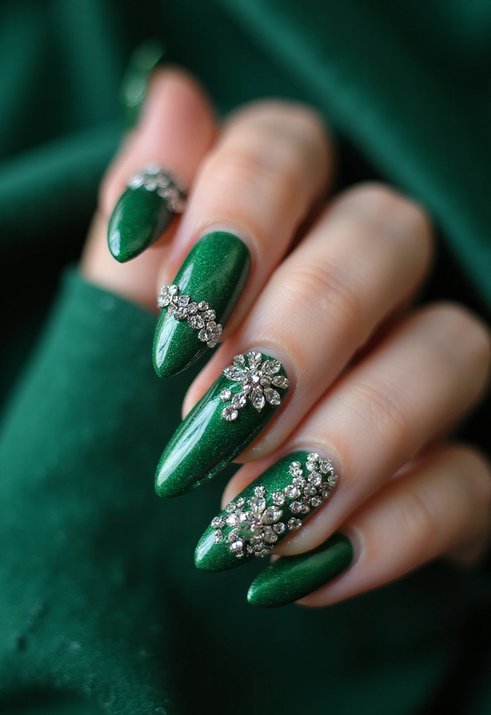 28 Luxe Emerald Green and Gold Acrylic Nail Ideas for Regal Shine - 11. Rhinestone Accents