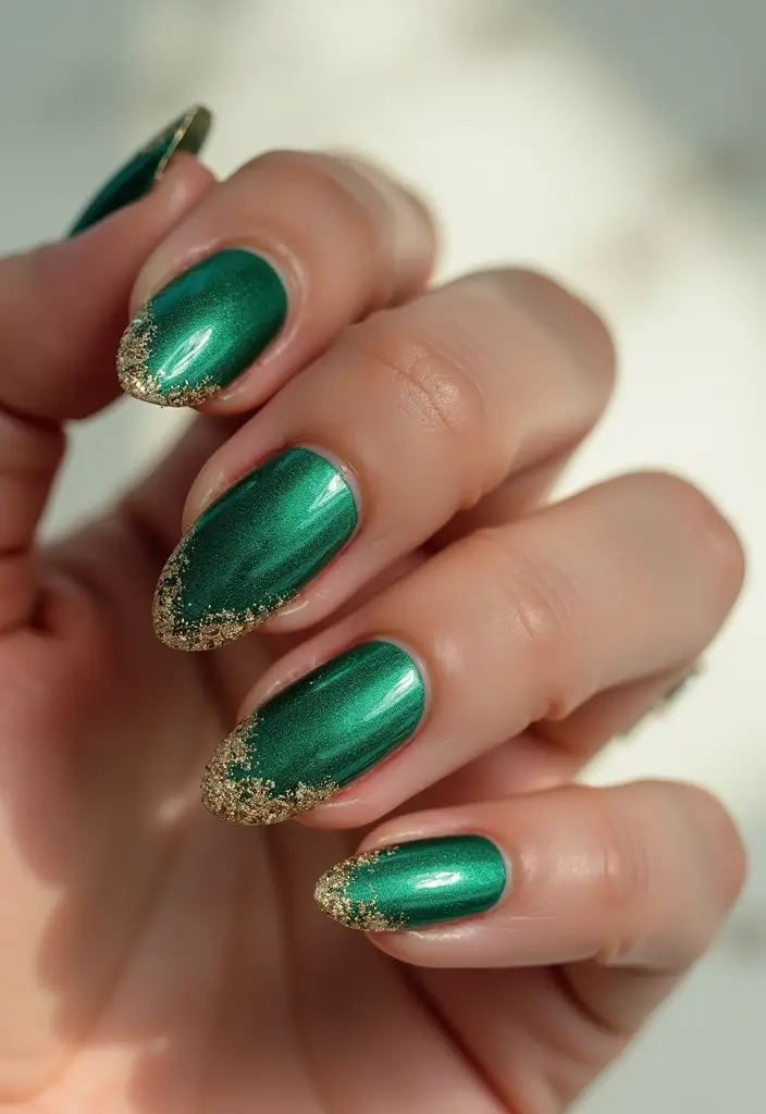 28 Luxe Emerald Green and Gold Acrylic Nail Ideas for Regal Shine - 12. Shimmery Glitter Fade