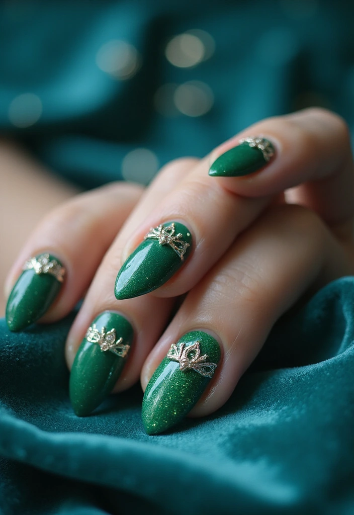 28 Luxe Emerald Green and Gold Acrylic Nail Ideas for Regal Shine - 13. Sparkly Crown Inspired Design