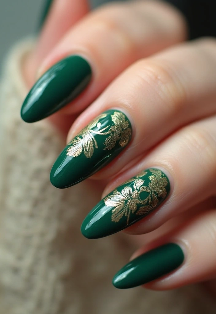 28 Luxe Emerald Green and Gold Acrylic Nail Ideas for Regal Shine - 14. Vintage Lace Patterns