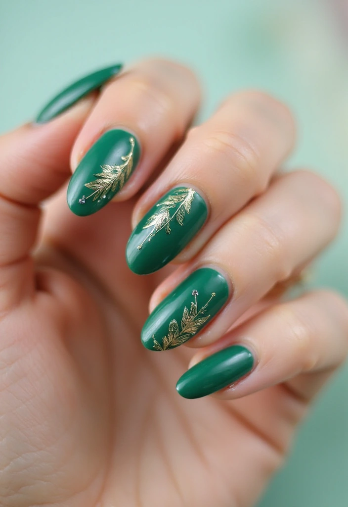 28 Luxe Emerald Green and Gold Acrylic Nail Ideas for Regal Shine - 15. Ethereal Feather Designs