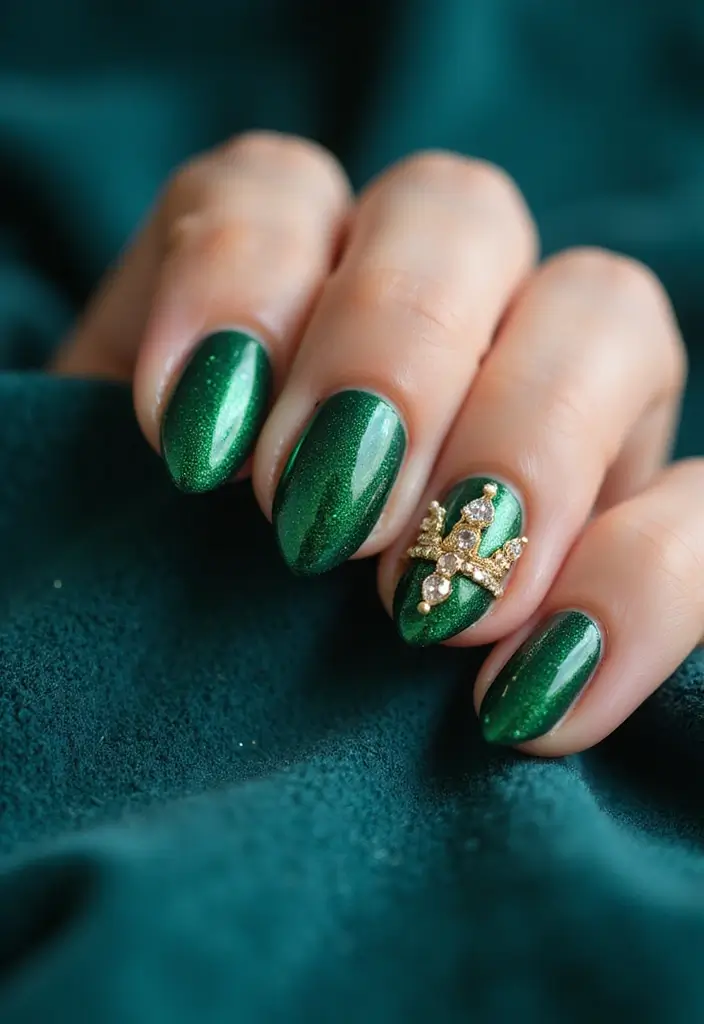 28 Luxe Emerald Green and Gold Acrylic Nail Ideas for Regal Shine - 16. Crown Jewel Theme