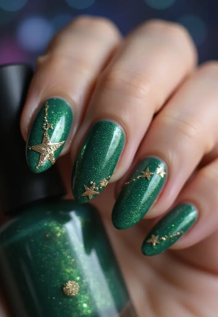 28 Luxe Emerald Green and Gold Acrylic Nail Ideas for Regal Shine - 17. Glittering Galaxy