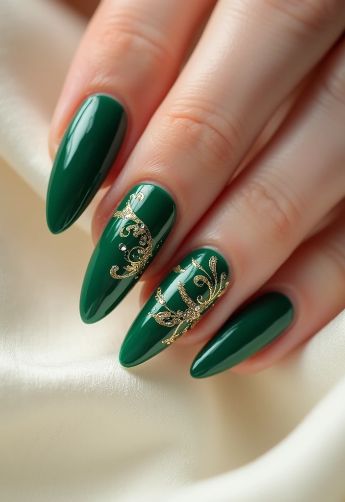 28 Luxe Emerald Green and Gold Acrylic Nail Ideas for Regal Shine - 18. Dazzling Metallic Swirls
