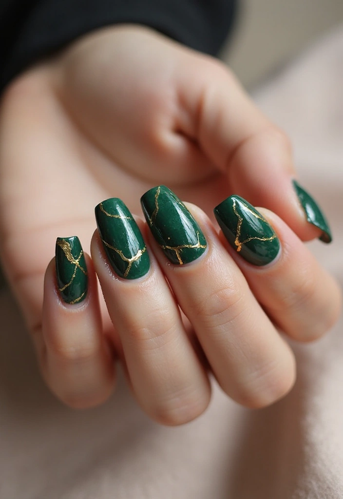 28 Luxe Emerald Green and Gold Acrylic Nail Ideas for Regal Shine - 2. Marble Effect with Gold Veins