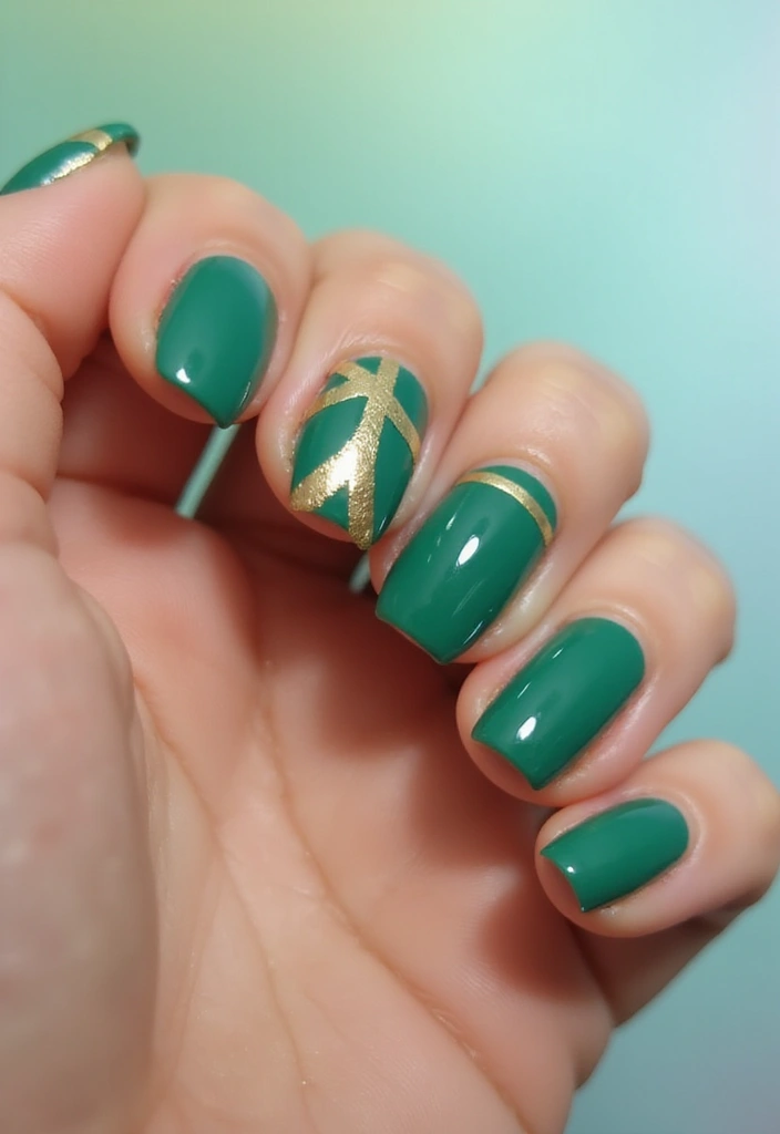28 Luxe Emerald Green and Gold Acrylic Nail Ideas for Regal Shine - 20. Stylish Stripes