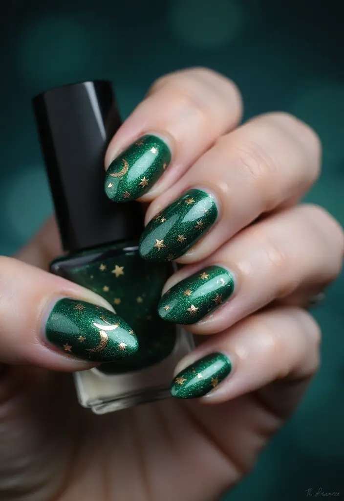 28 Luxe Emerald Green and Gold Acrylic Nail Ideas for Regal Shine - 21. Starry Night Inspiration