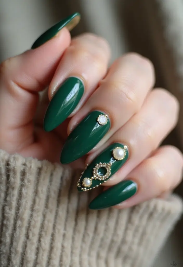 28 Luxe Emerald Green and Gold Acrylic Nail Ideas for Regal Shine - 22. Pearl Accents