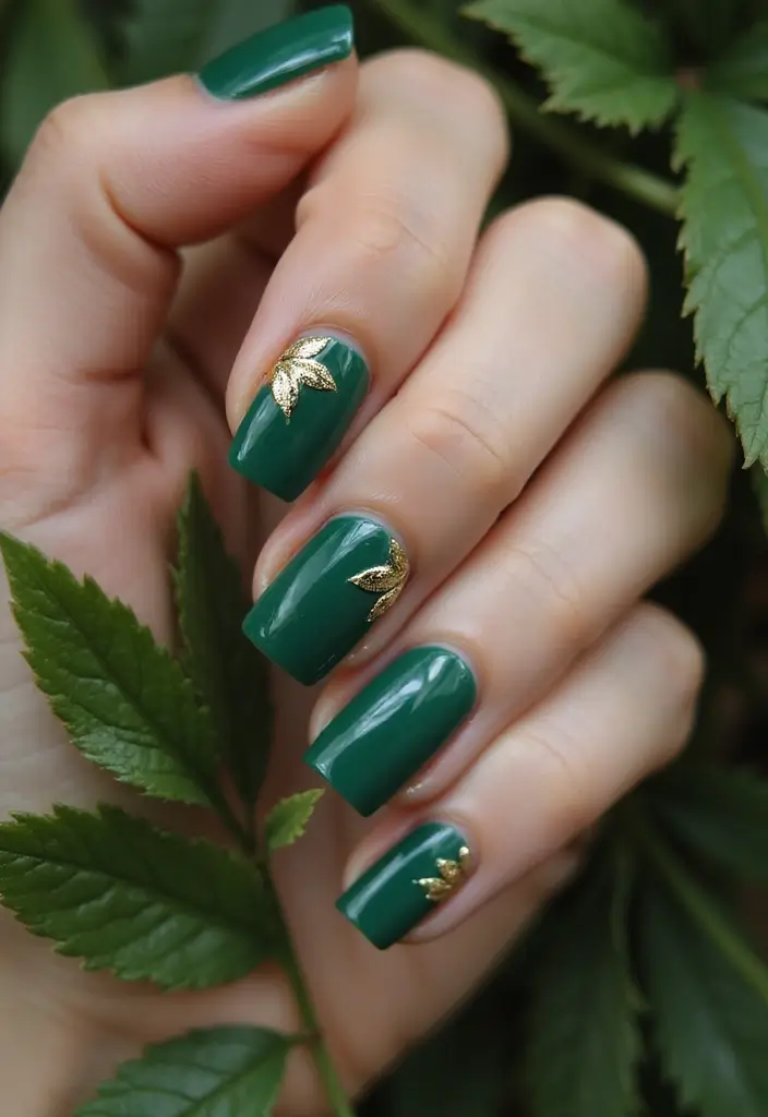 28 Luxe Emerald Green and Gold Acrylic Nail Ideas for Regal Shine - 23. Golden Leaf Details