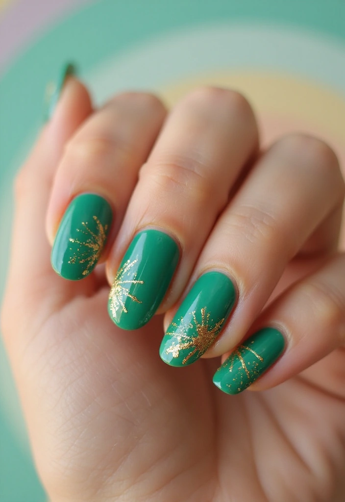 28 Luxe Emerald Green and Gold Acrylic Nail Ideas for Regal Shine - 25. Artistic Splatter Designs