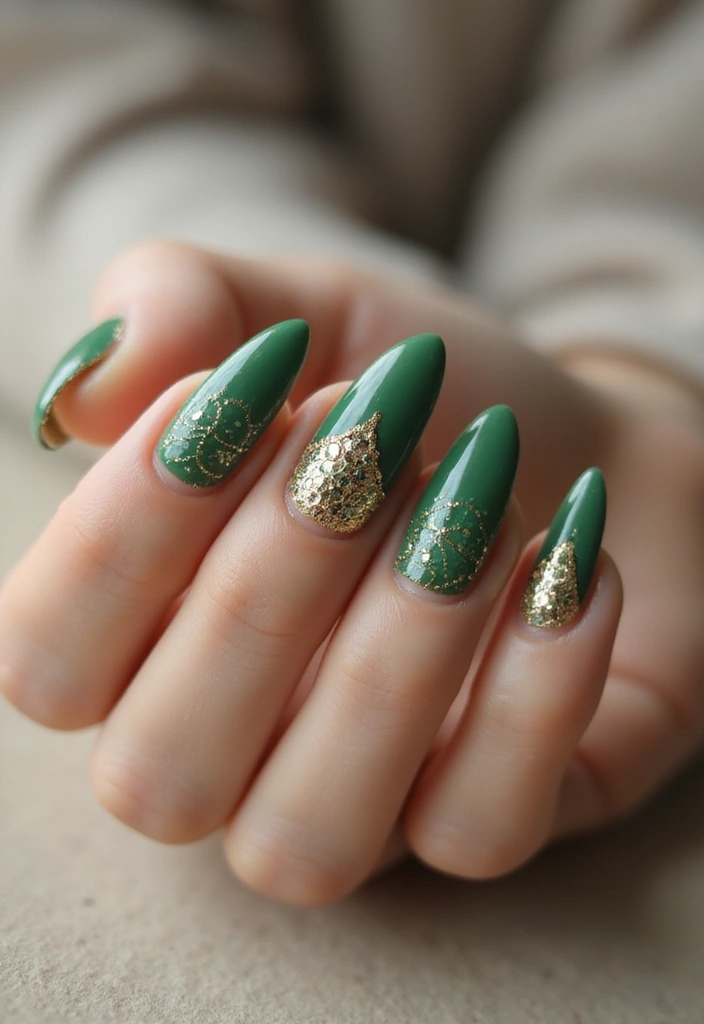 28 Luxe Emerald Green and Gold Acrylic Nail Ideas for Regal Shine - 28. Enchanting Mosaic Patterns