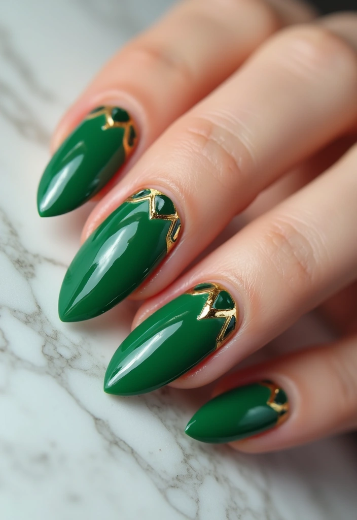 28 Luxe Emerald Green and Gold Acrylic Nail Ideas for Regal Shine - 3. Geometric Gold Accents