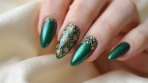 28 Luxe Emerald Green and Gold Acrylic Nail Ideas for Regal Shine