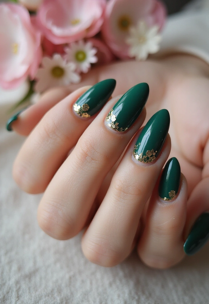 28 Luxe Emerald Green and Gold Acrylic Nail Ideas for Regal Shine - 6. Floral Gold Accents