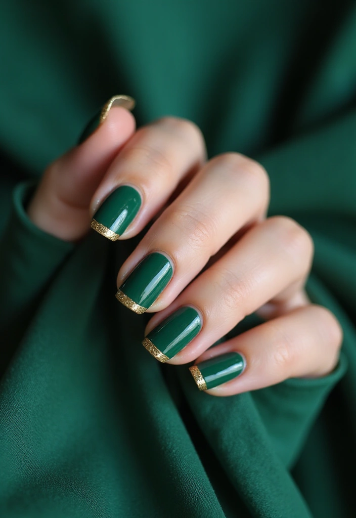 28 Luxe Emerald Green and Gold Acrylic Nail Ideas for Regal Shine - 7. Sparkling French Tips