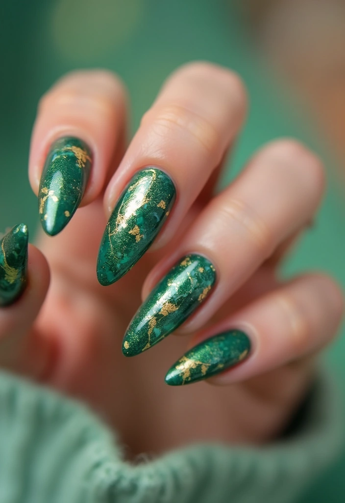 28 Luxe Emerald Green and Gold Acrylic Nail Ideas for Regal Shine - 9. Abstract Art