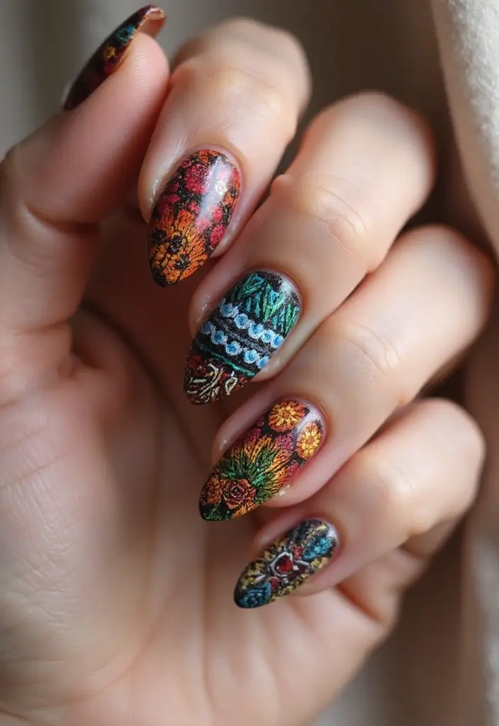 28 Medium Acrylic Nail Ideas for Versatile Beauty - 15. Cultural Patterns with Eco-Friendly Sources